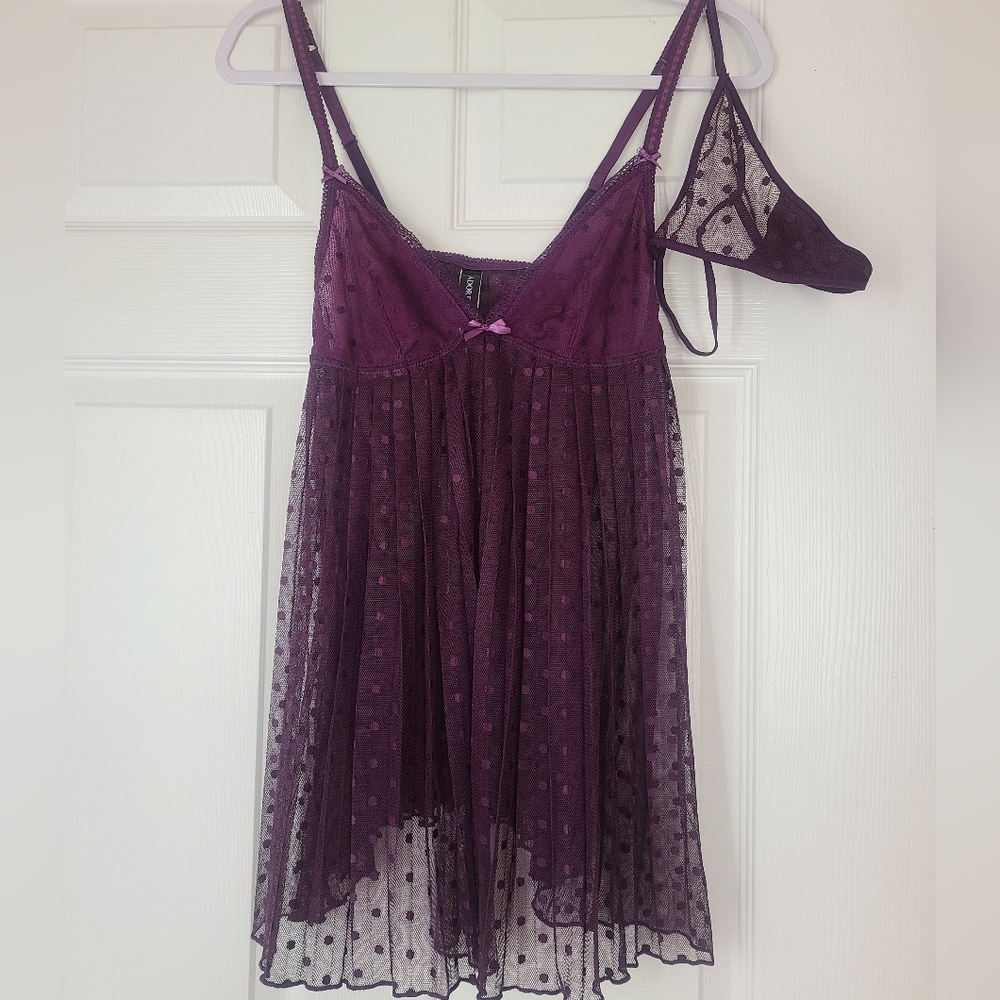 AdoreMe Purple Sheer Babydoll Lingerie Set Small